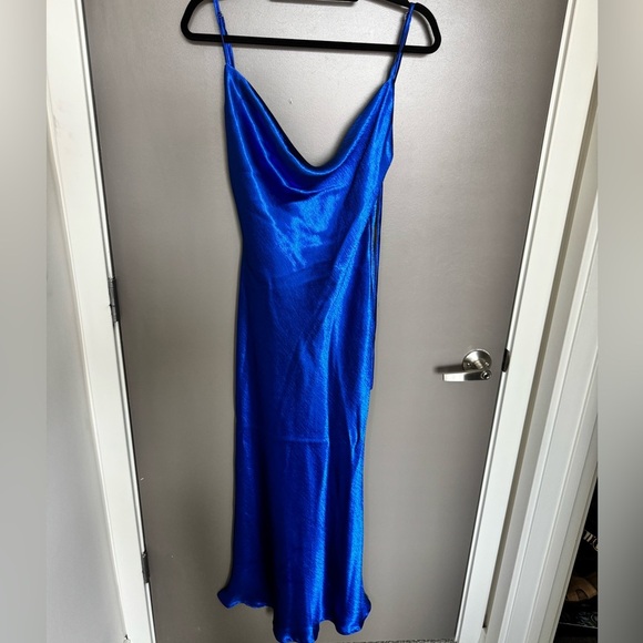 Blue Satin Maxi Dress with Cowl Neckline & Spaghetti Straps - Picture 7 of 13